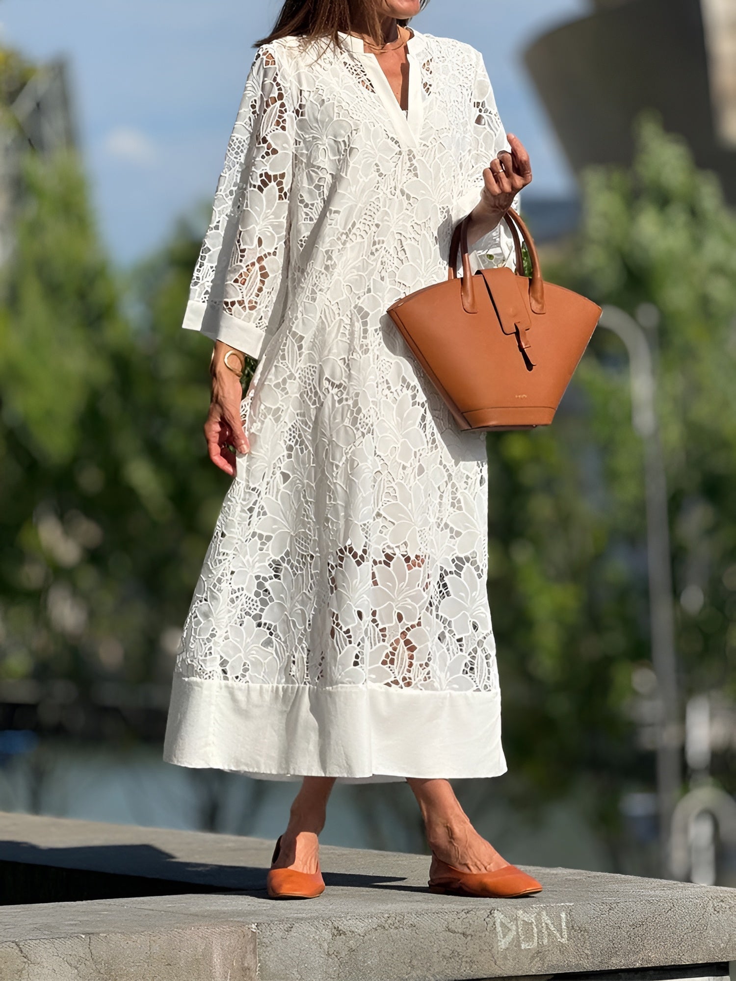 Margaret | Elegant White Lace Midi Dress – Light, Airy & Graceful