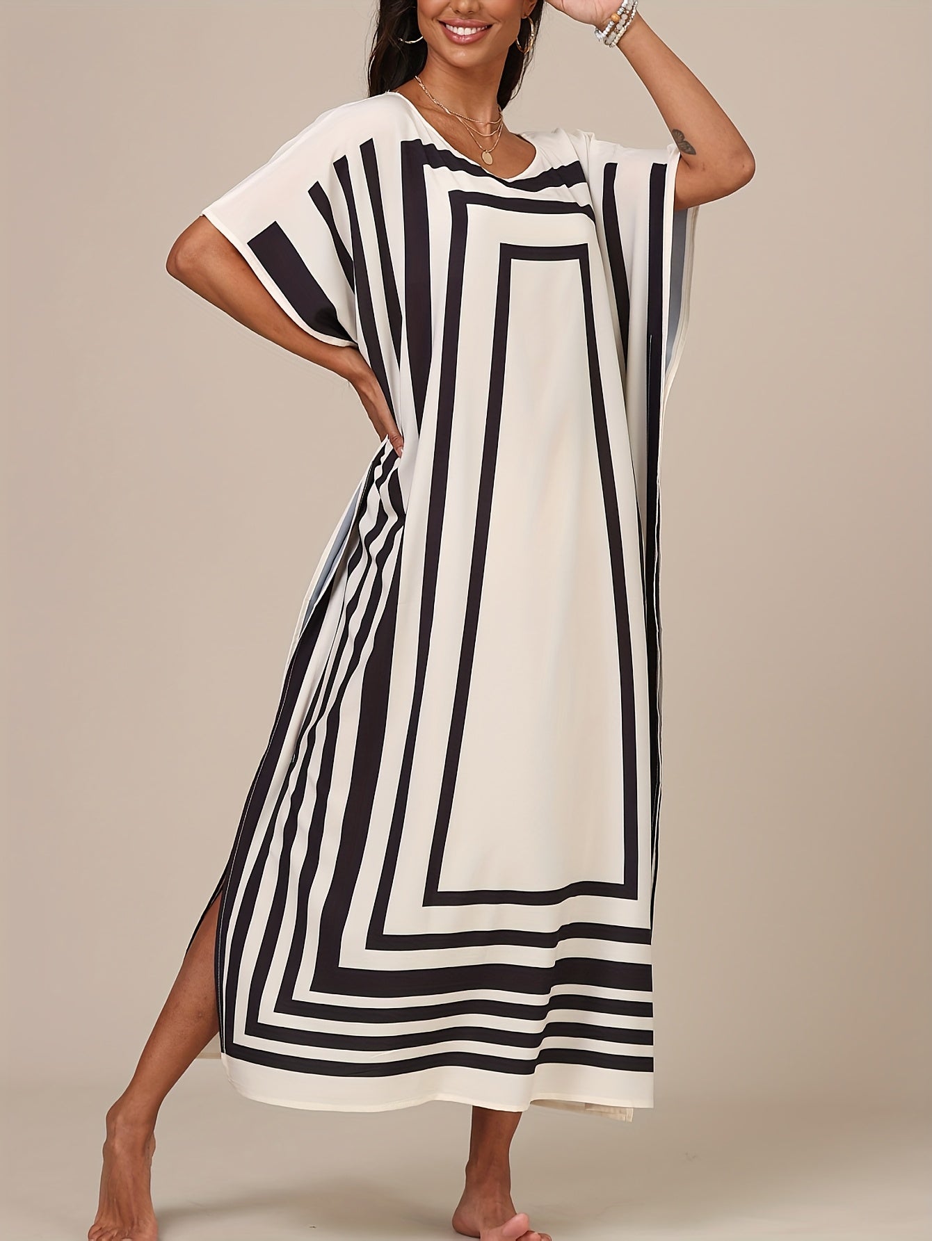 Ingrid | Elegant Geometric Print Maxi Kaftan Dress