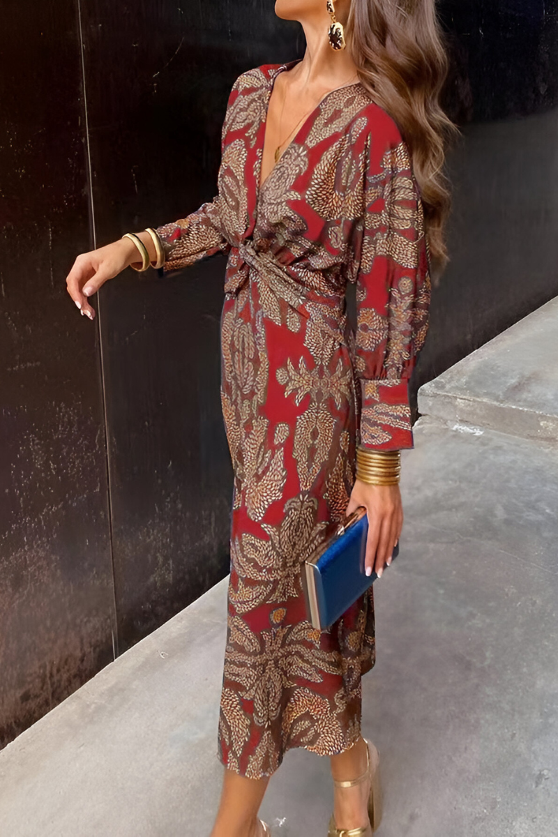 Marie | Elegant midi dress with twist detail and floral pattern