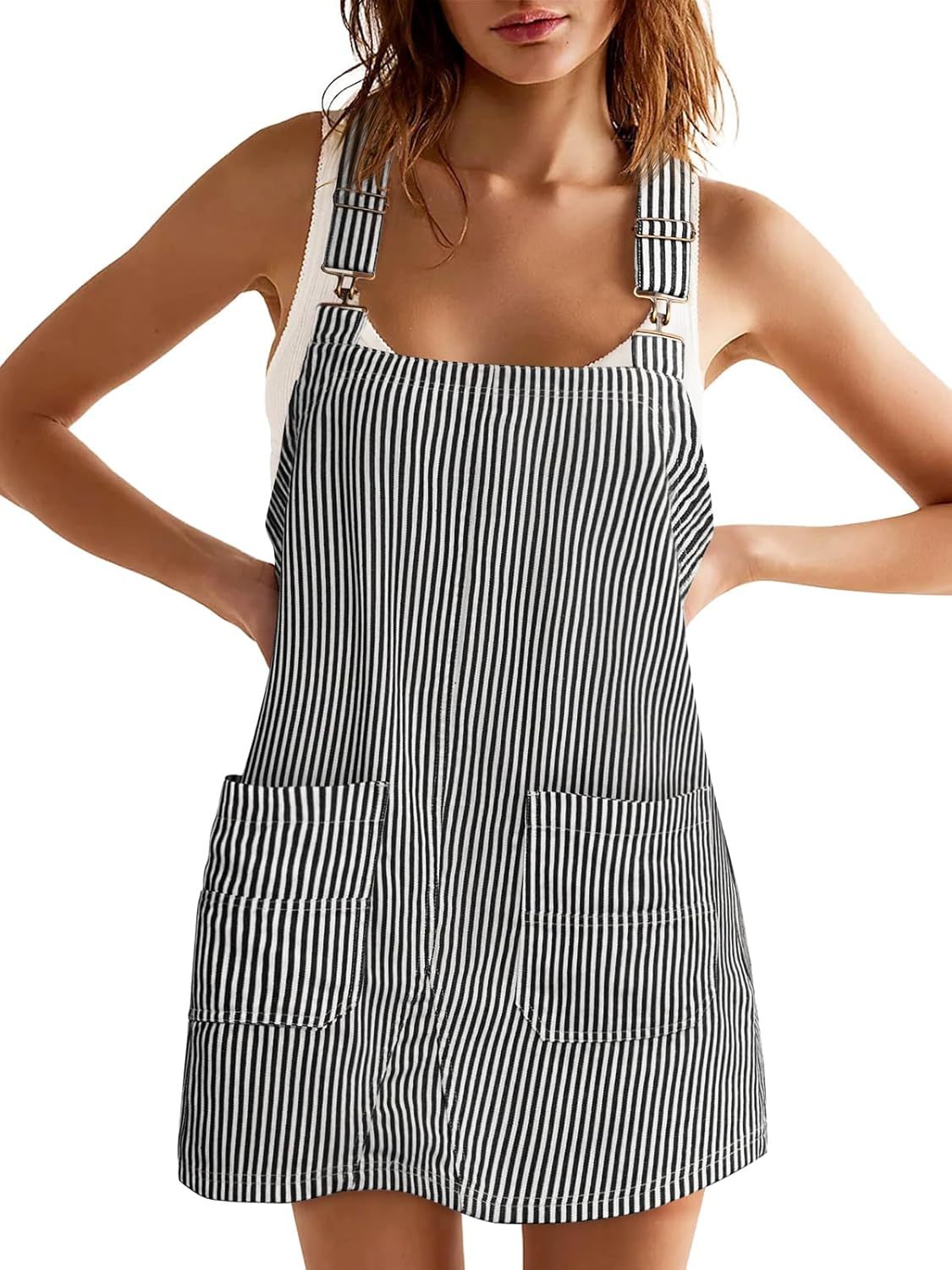 Claire | Adjustable Strap Striped Overall Dress