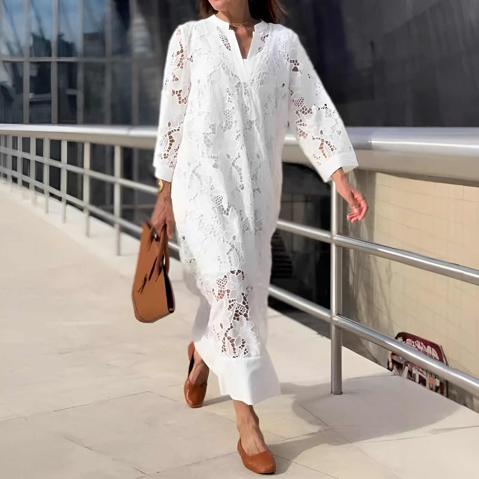 Margaret | Elegant White Lace Midi Dress – Light, Airy & Graceful