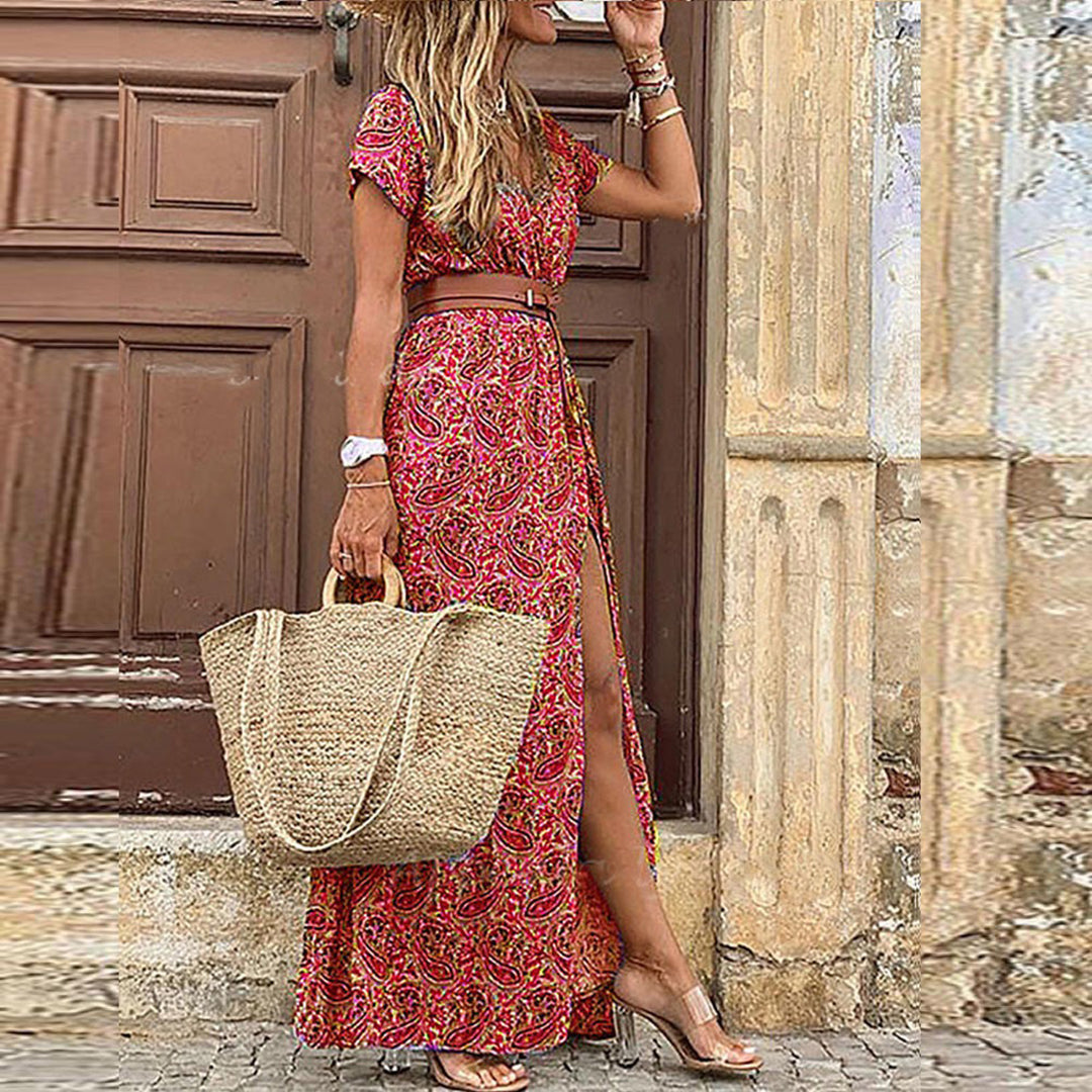 Shelly | Maxi Dress With Belt - Relaxed Fit - V-Neck - Short Sleeves - Paisley Print