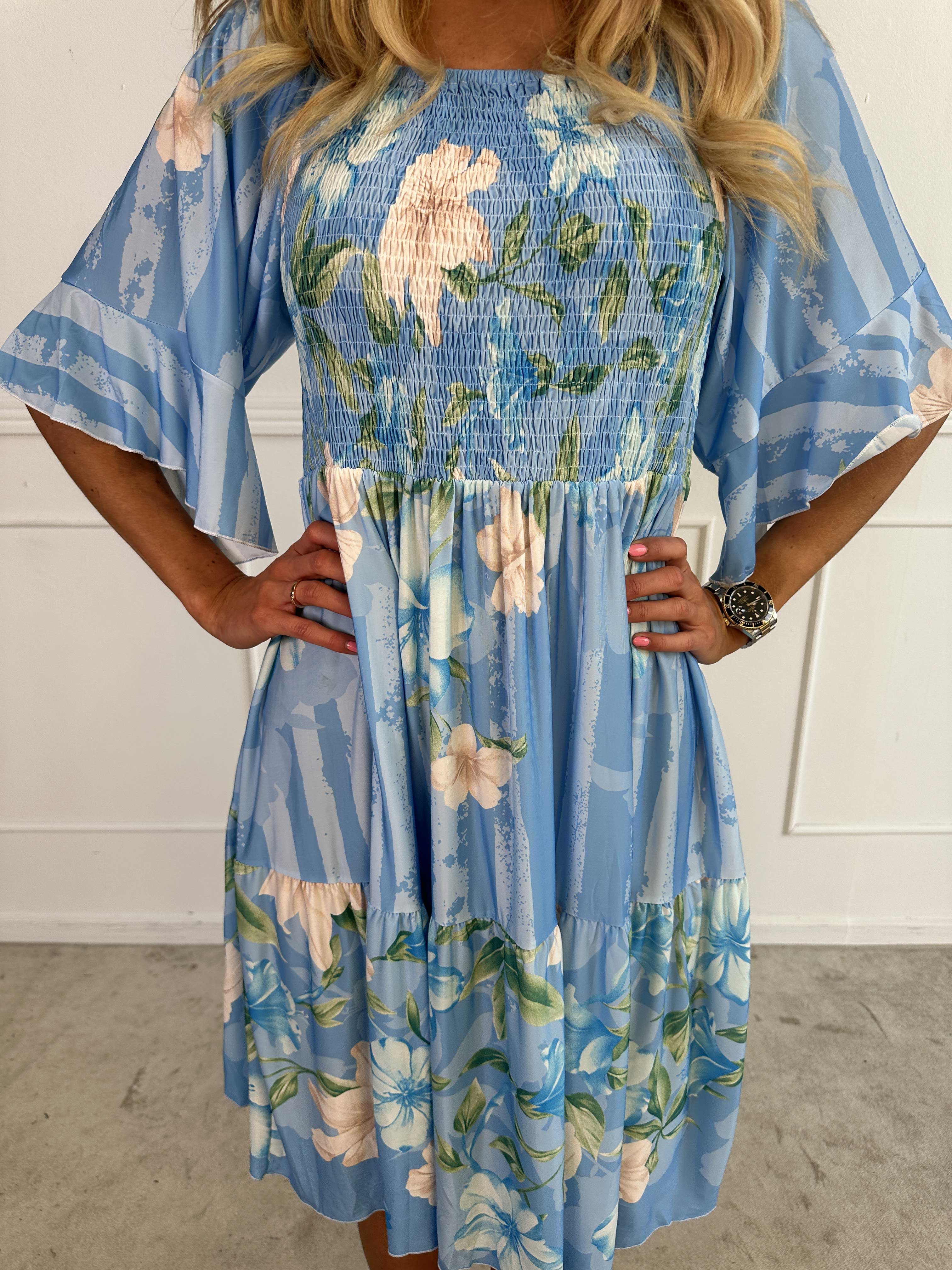 Elna Floral Stripe Short - Floral Elastic Dress with Smocking Over the Bust