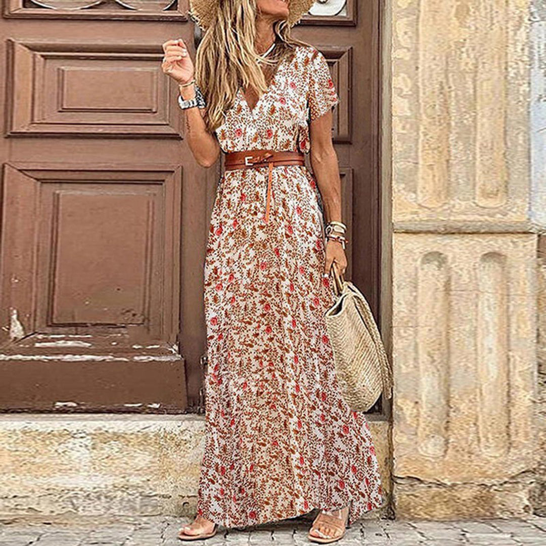 Shelly | Maxi Dress With Belt - Relaxed Fit - V-Neck - Short Sleeves - Paisley Print