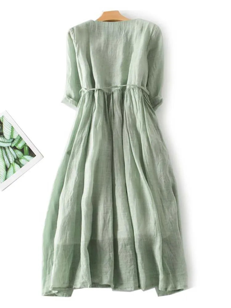 Tina | Women's Retro Style Dress with Round Neck and Waist Ties
