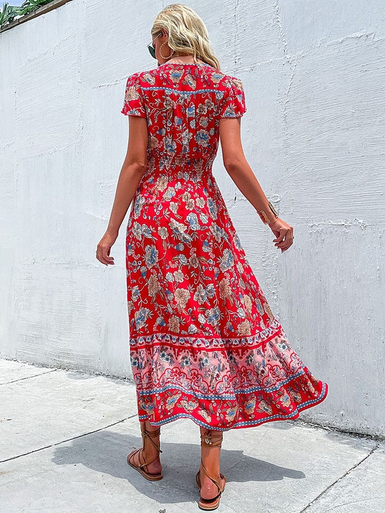 Lucy | Red Bohemian Maxi Dress in Vintage Style