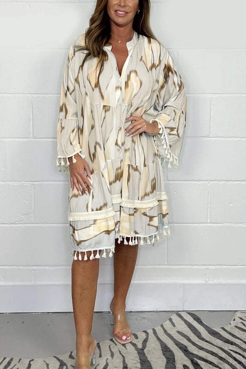 Janine | Printed Tassel Midi Dress – Effortless, Flowy & Chic