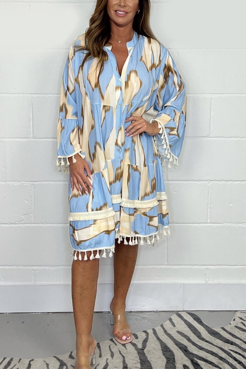 Janine | Printed Tassel Midi Dress – Effortless, Flowy & Chic