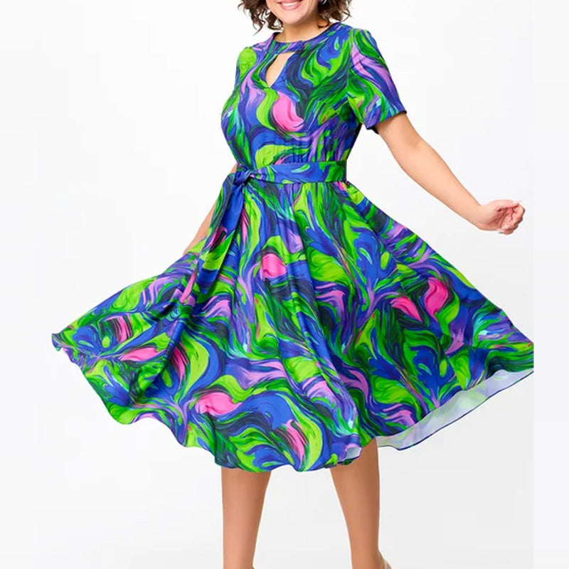 Lorraine | Vibrant Swirl Midi Dress – Flattering, Playful & Confident