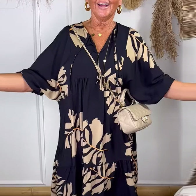 Pamela | Relaxed Leaf-Print Midi Dress – Effortless & Stylish