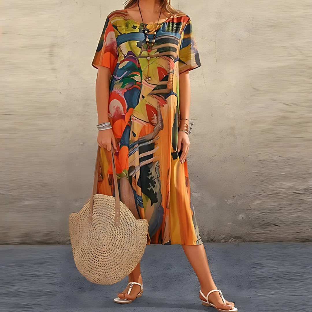 Luna | Artistic Abstract Midi Dress – Relaxed, Colourful & Flowy