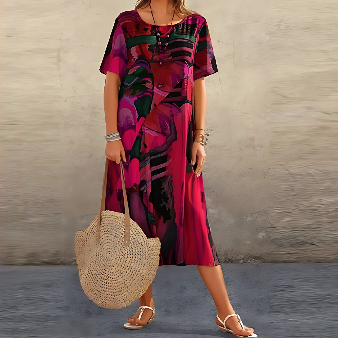 Luna | Artistic Abstract Midi Dress – Relaxed, Colourful & Flowy