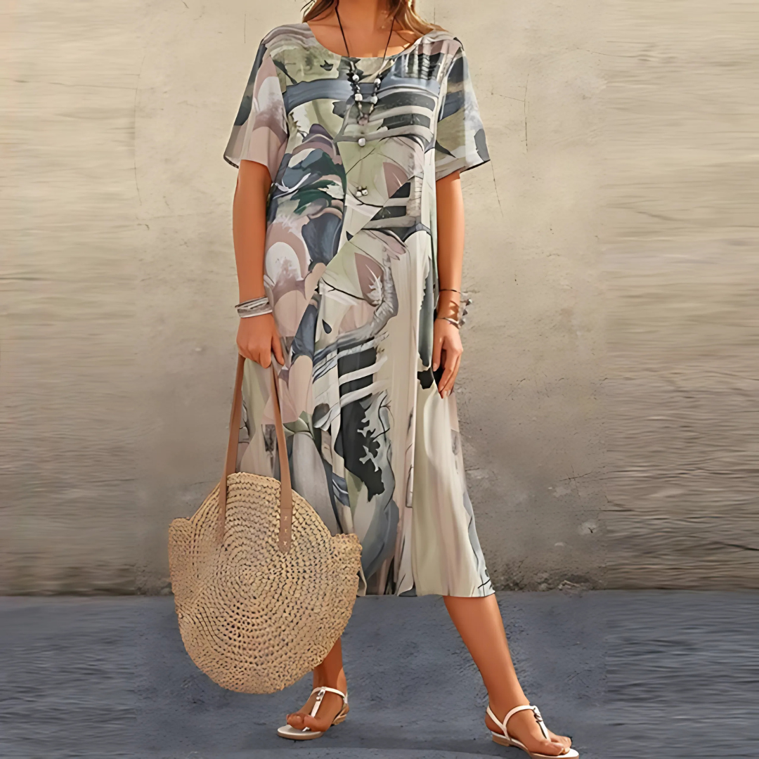 Luna | Artistic Abstract Midi Dress – Relaxed, Colourful & Flowy