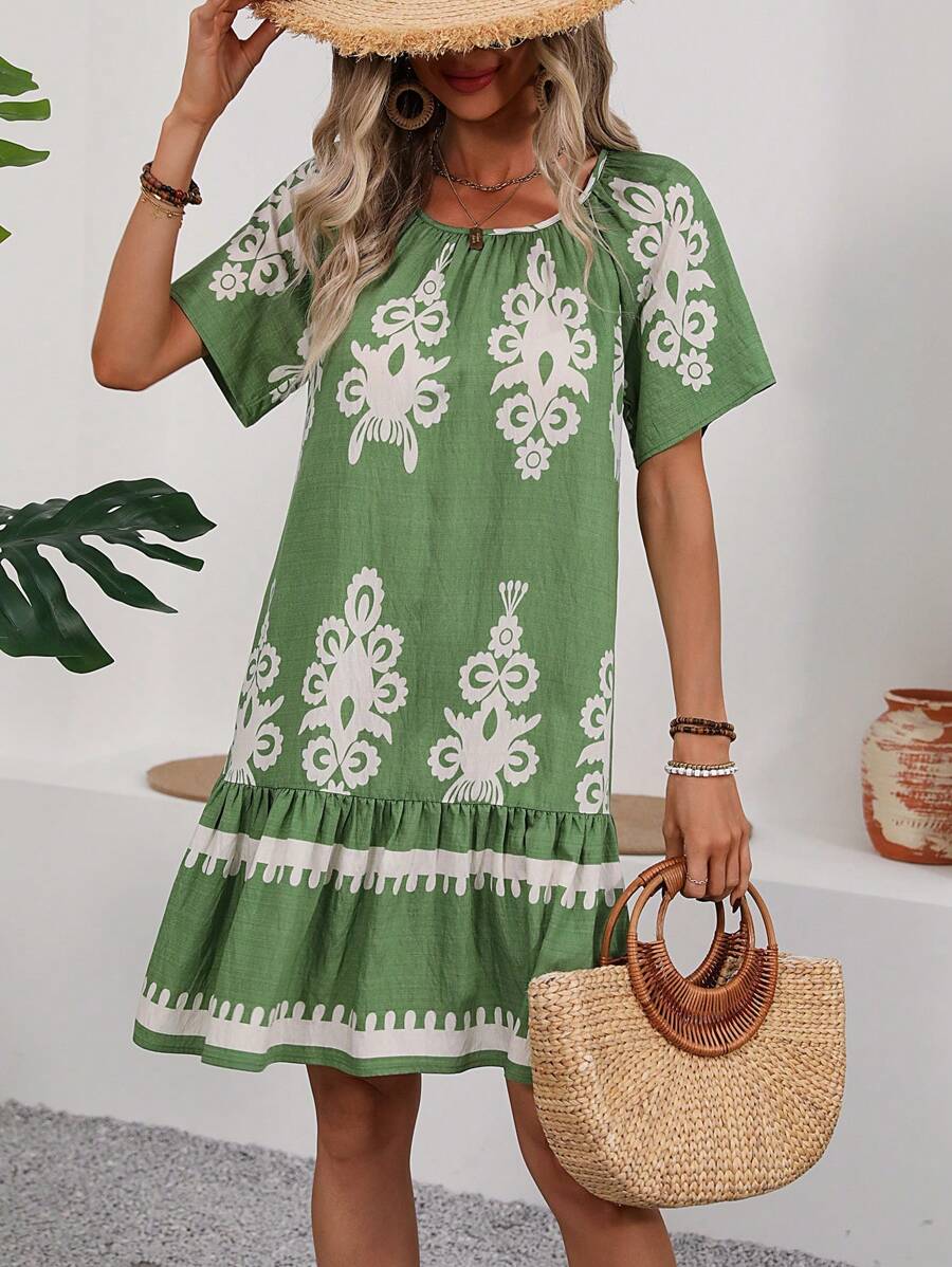 Kelly |  Round Neck Short Sleeve Knee Length Dress