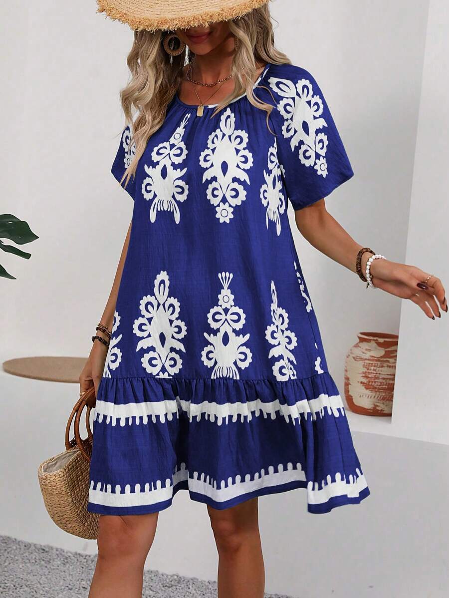 Kelly |  Round Neck Short Sleeve Knee Length Dress