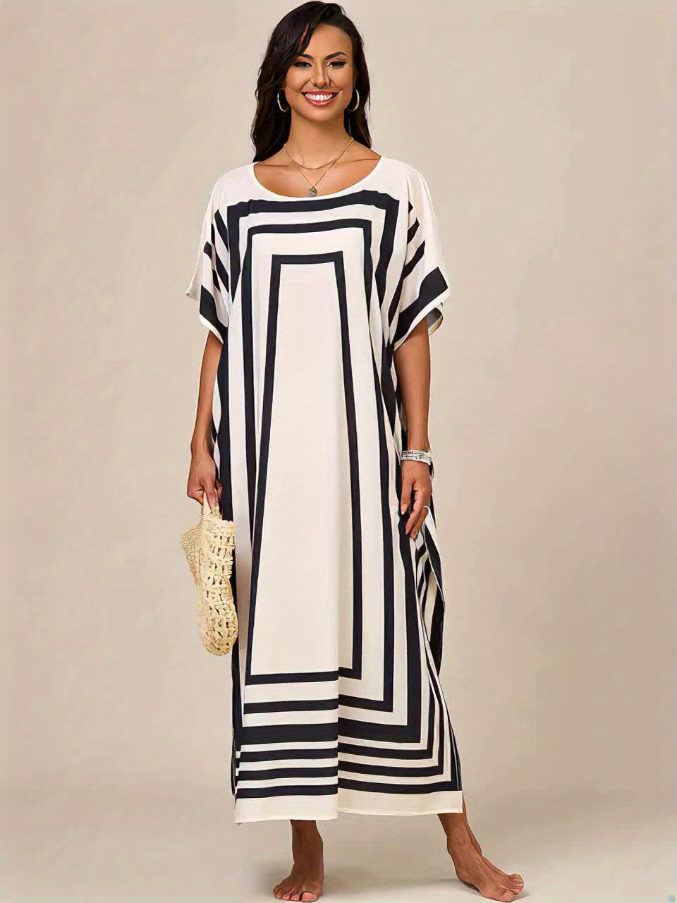 Ingrid | Elegant Geometric Print Maxi Kaftan Dress
