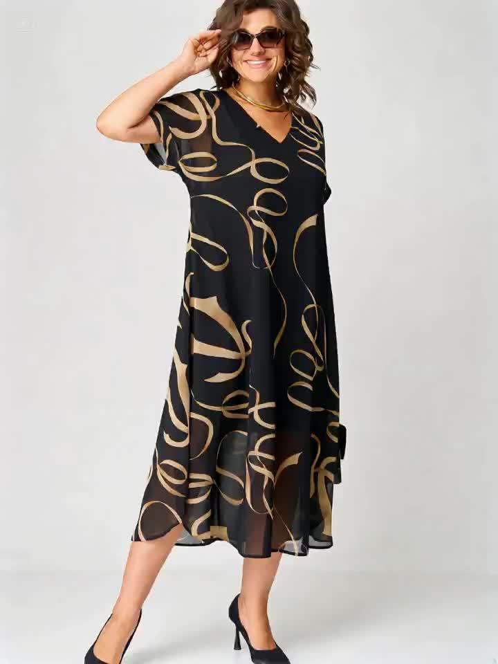 Hylma | Golden Leaf Print Short Sleeved Maxi Dress