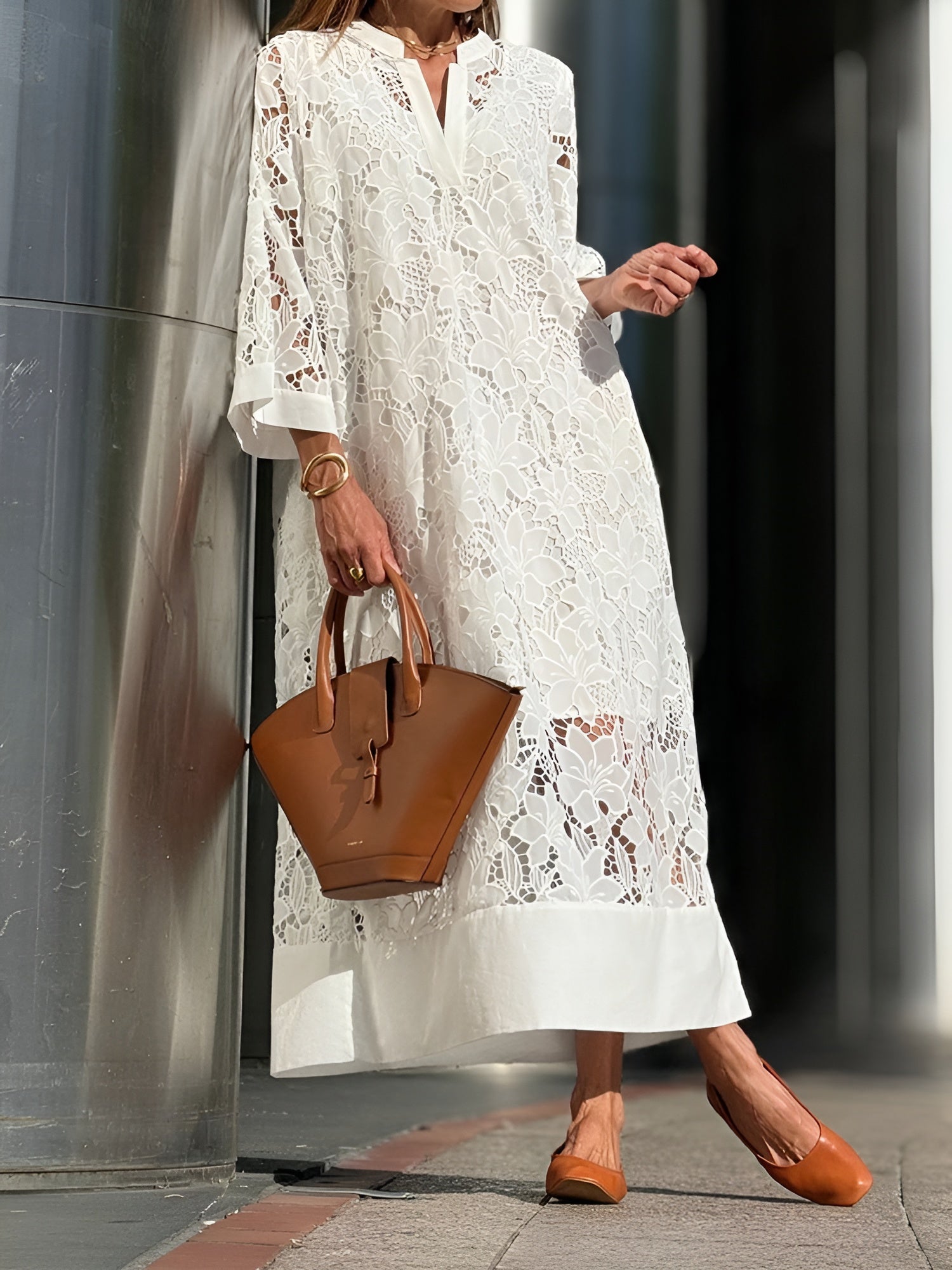 Margaret | Elegant White Lace Midi Dress – Light, Airy & Graceful