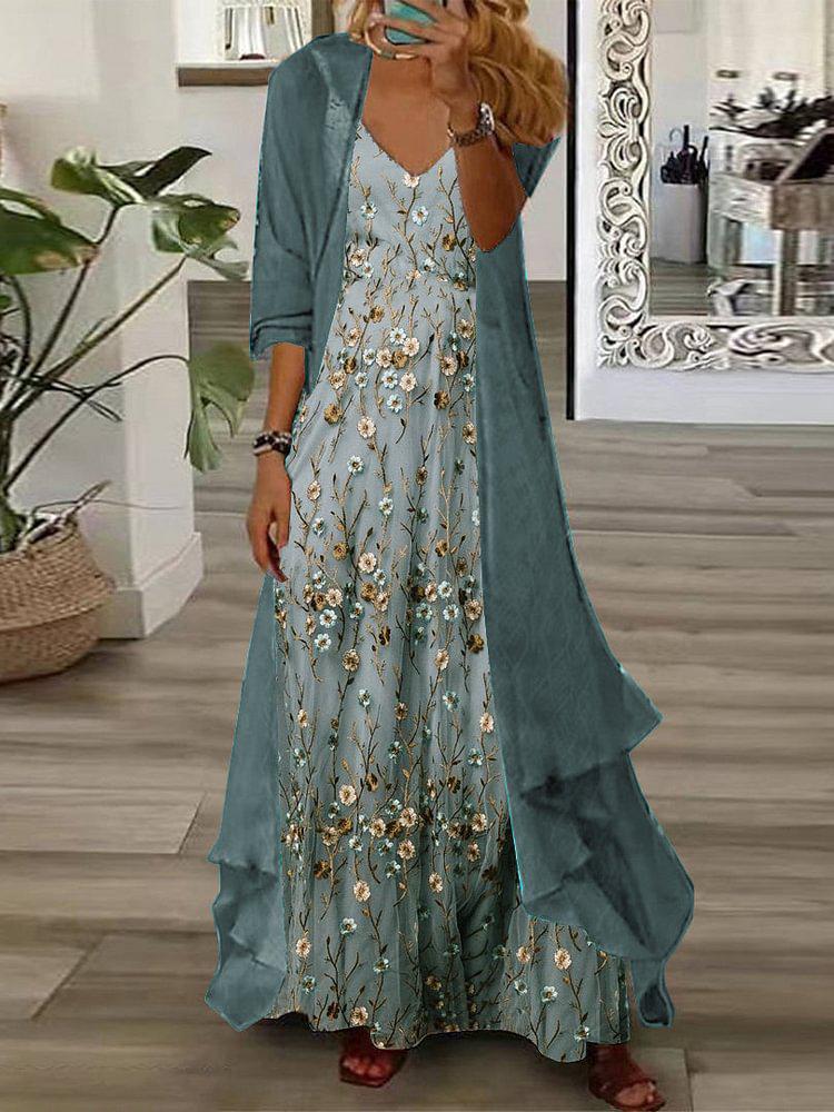 Judy | Floral Print Maxi Dress With Thin Jacket Two Piece Set