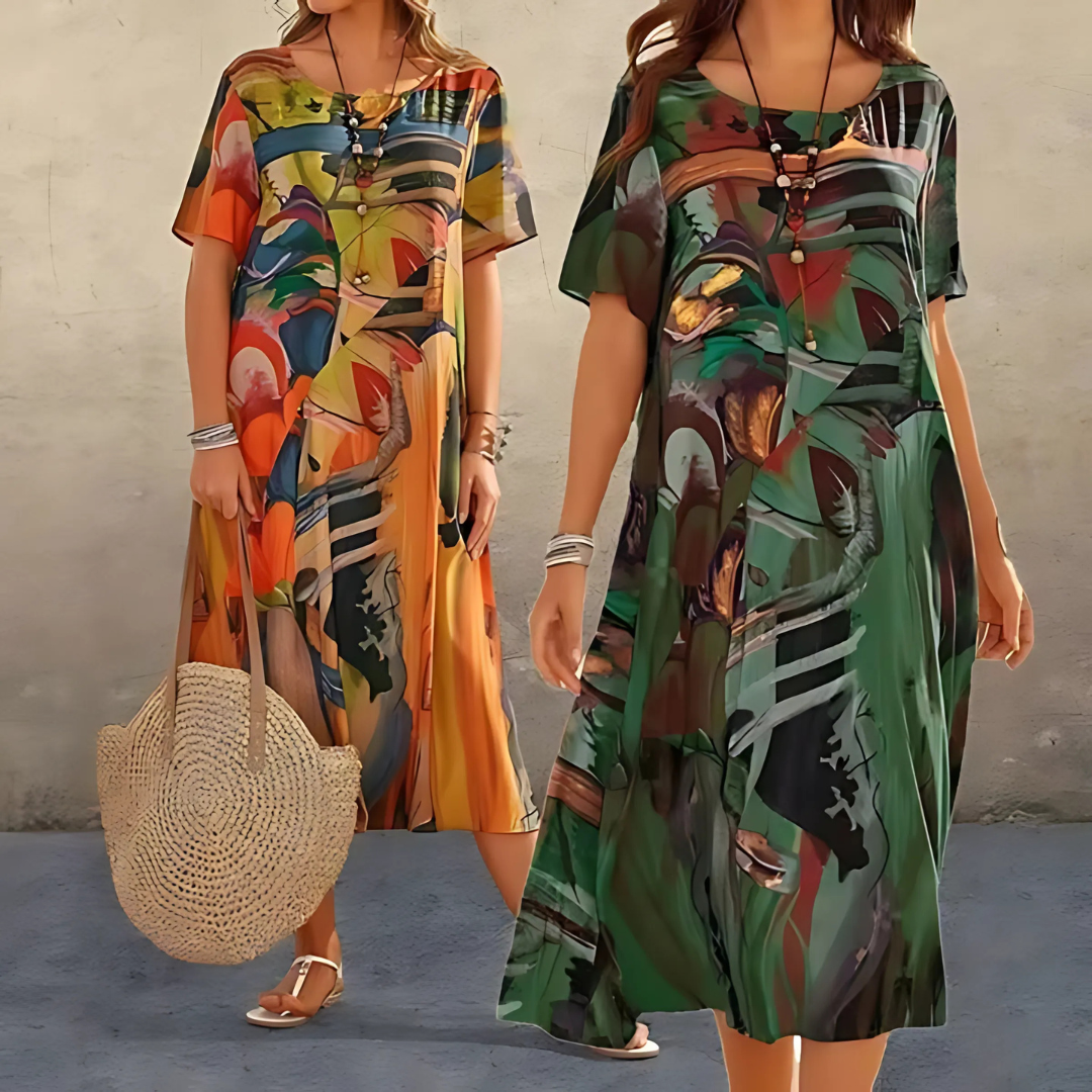 Luna | Artistic Abstract Midi Dress – Relaxed, Colourful & Flowy