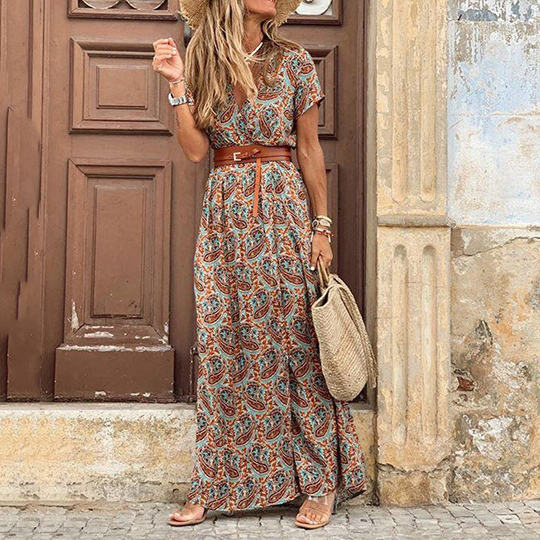 Shelly | Maxi Dress With Belt - Relaxed Fit - V-Neck - Short Sleeves - Paisley Print