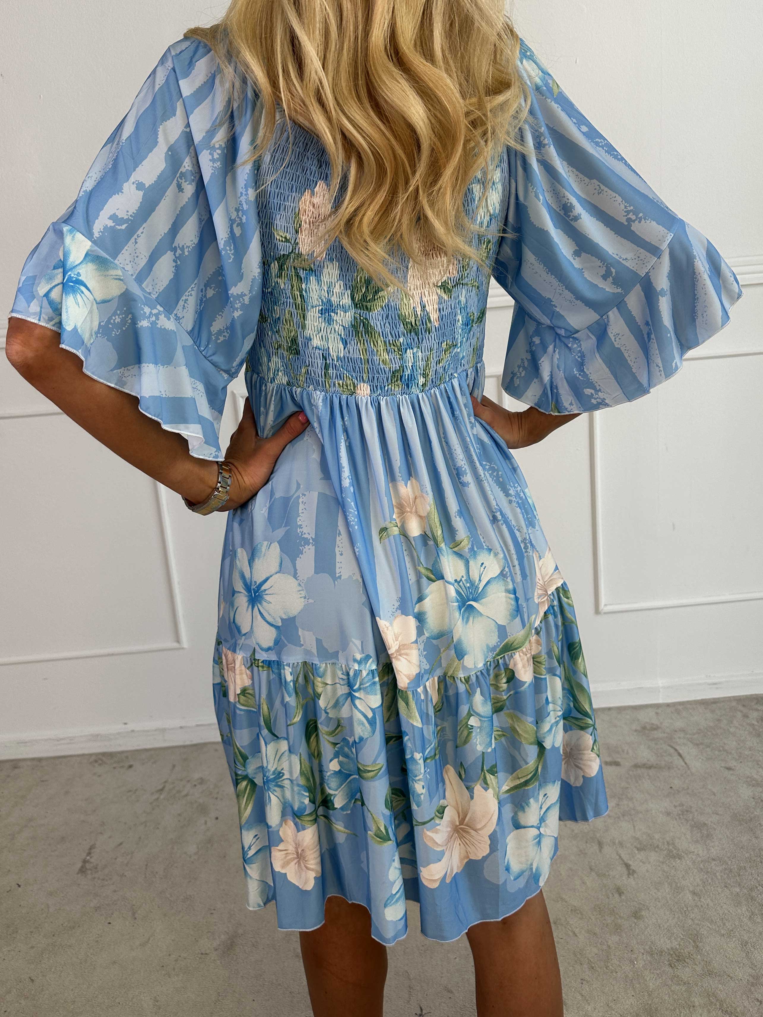Elna Floral Stripe Short - Floral Elastic Dress with Smocking Over the Bust
