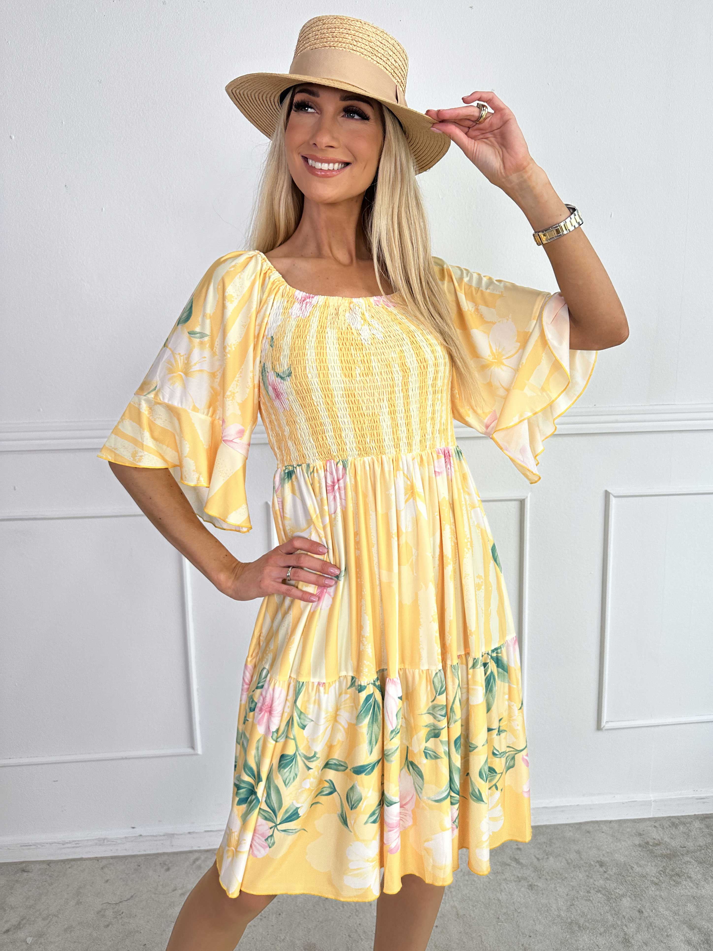 Elna Floral Stripe Short - Floral Elastic Dress with Smocking Over the Bust