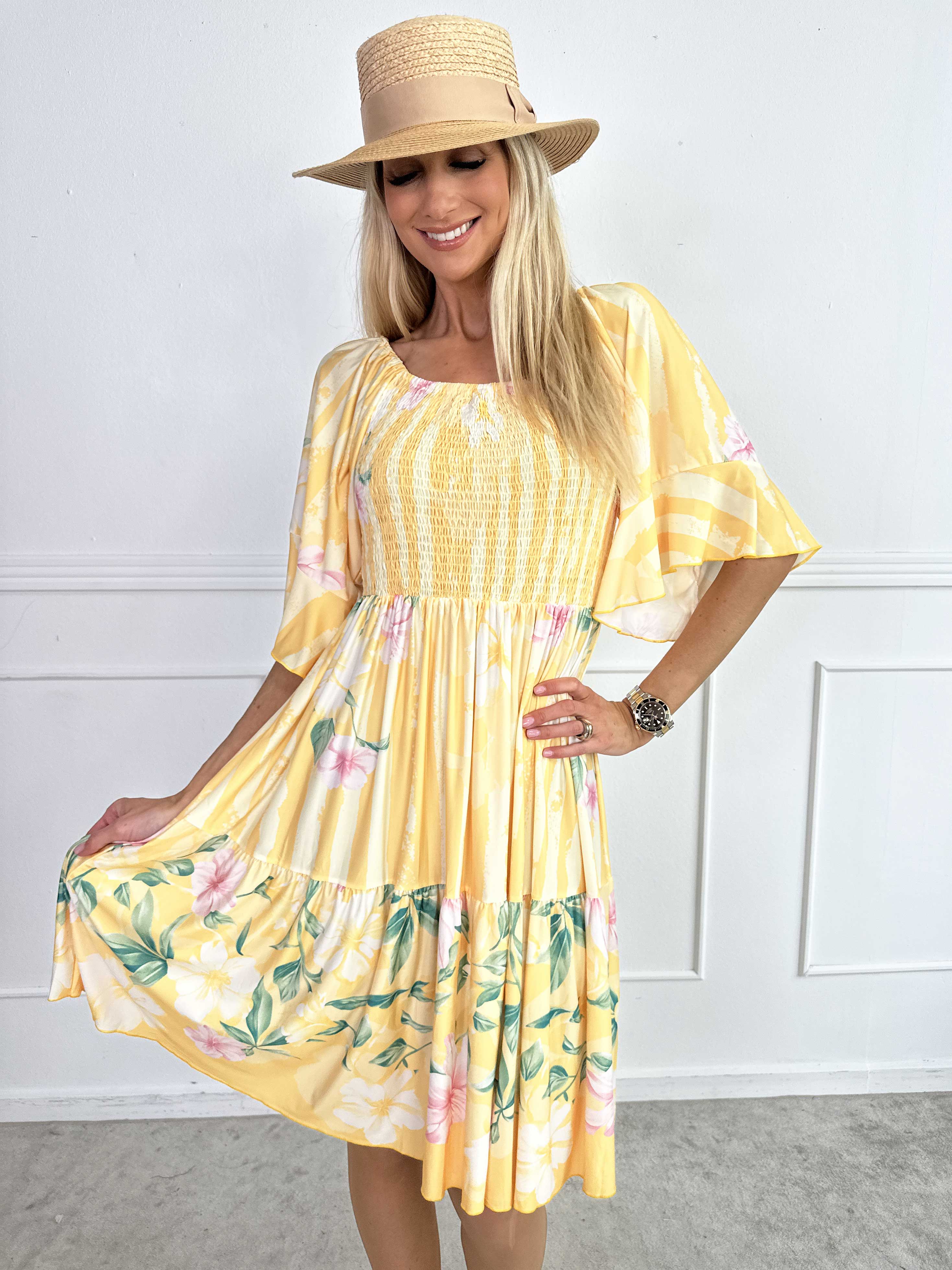 Elna Floral Stripe Short - Floral Elastic Dress with Smocking Over the Bust