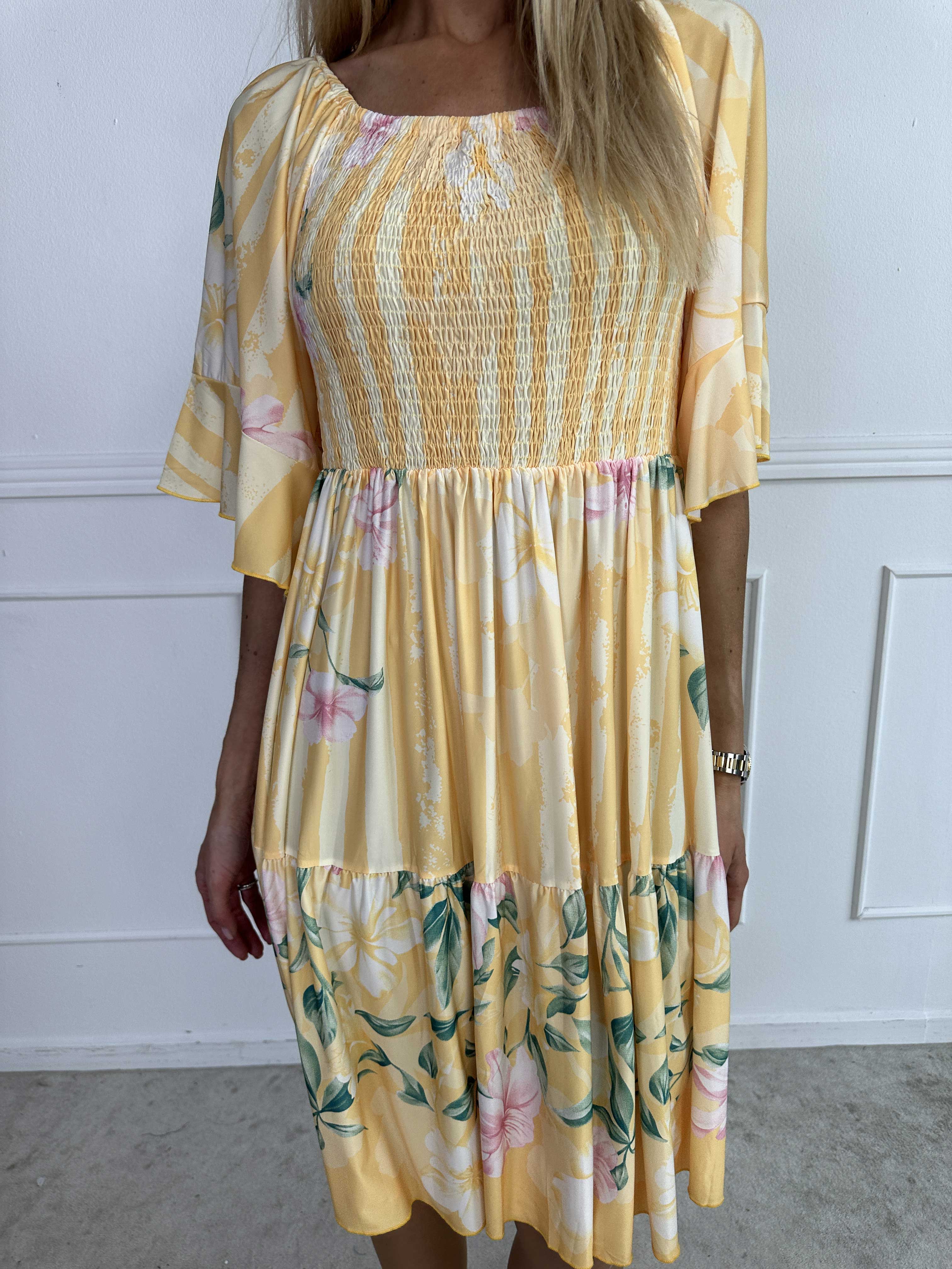 Elna Floral Stripe Short - Floral Elastic Dress with Smocking Over the Bust