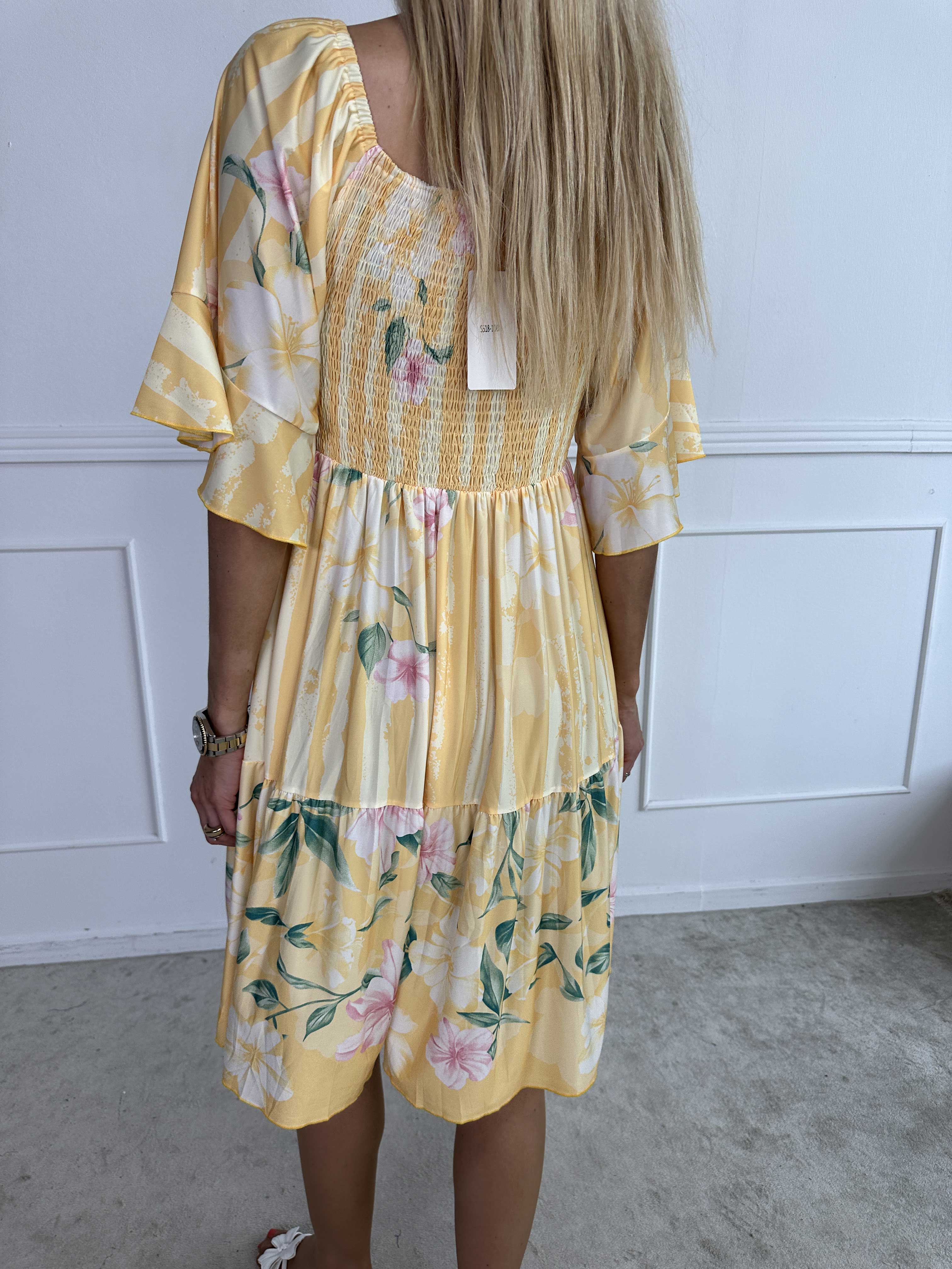 Elna Floral Stripe Short - Floral Elastic Dress with Smocking Over the Bust