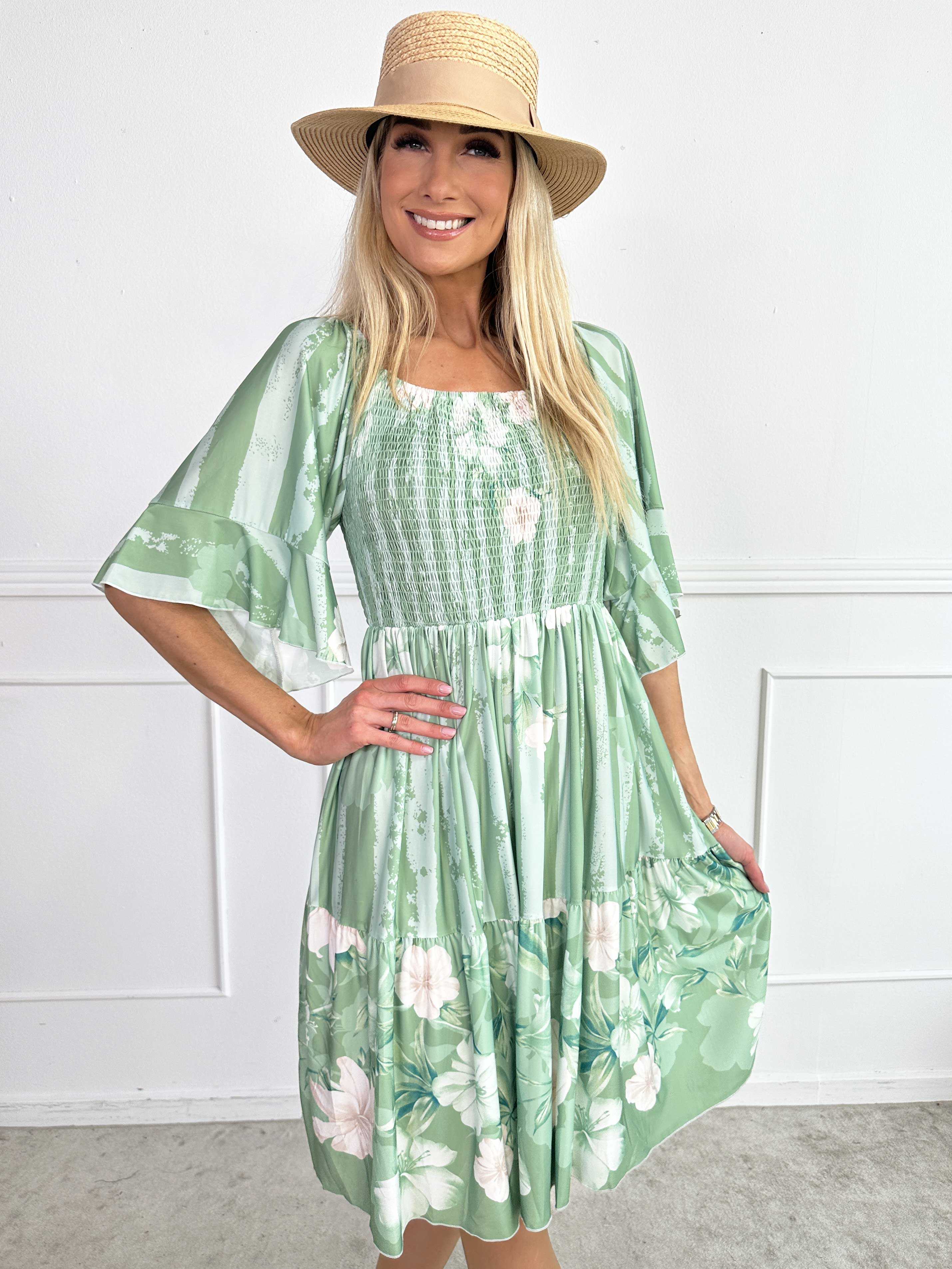 Elna Floral Stripe Short - Floral Elastic Dress with Smocking Over the Bust