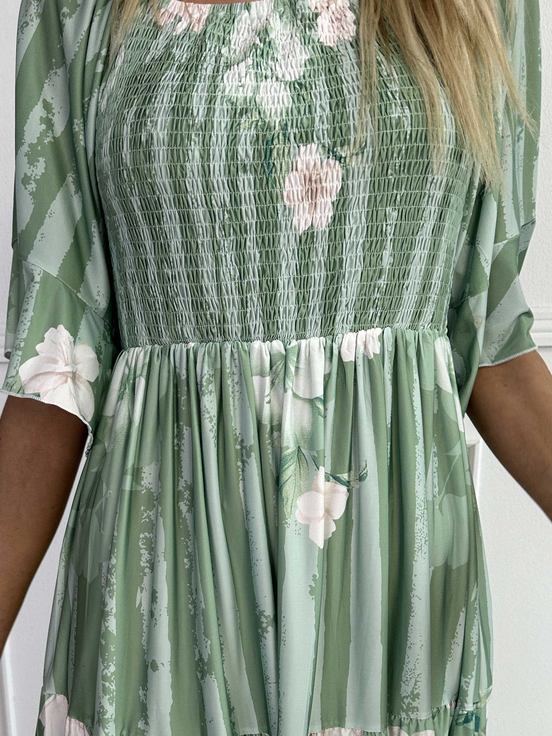 Elna Floral Stripe Short - Floral Elastic Dress with Smocking Over the Bust