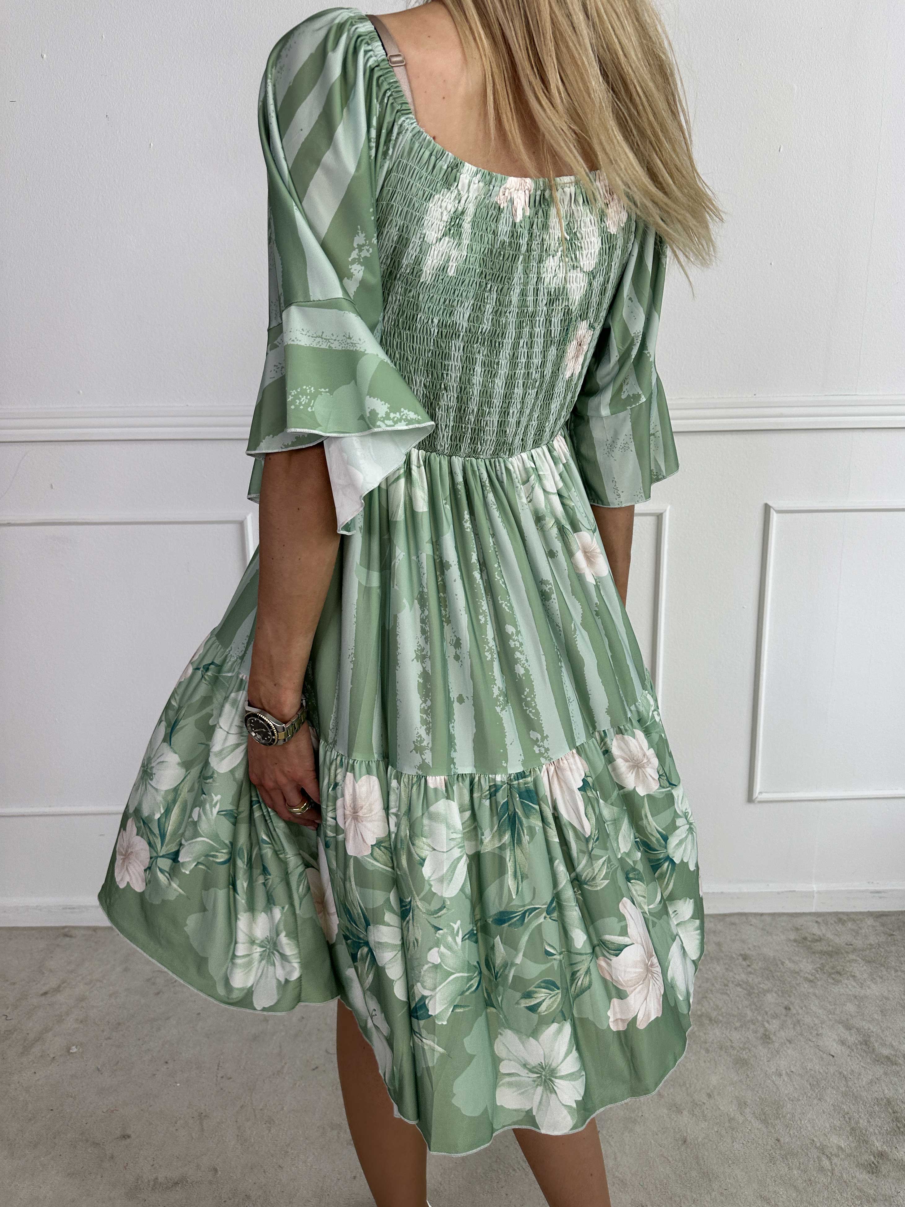 Elna Floral Stripe Short - Floral Elastic Dress with Smocking Over the Bust