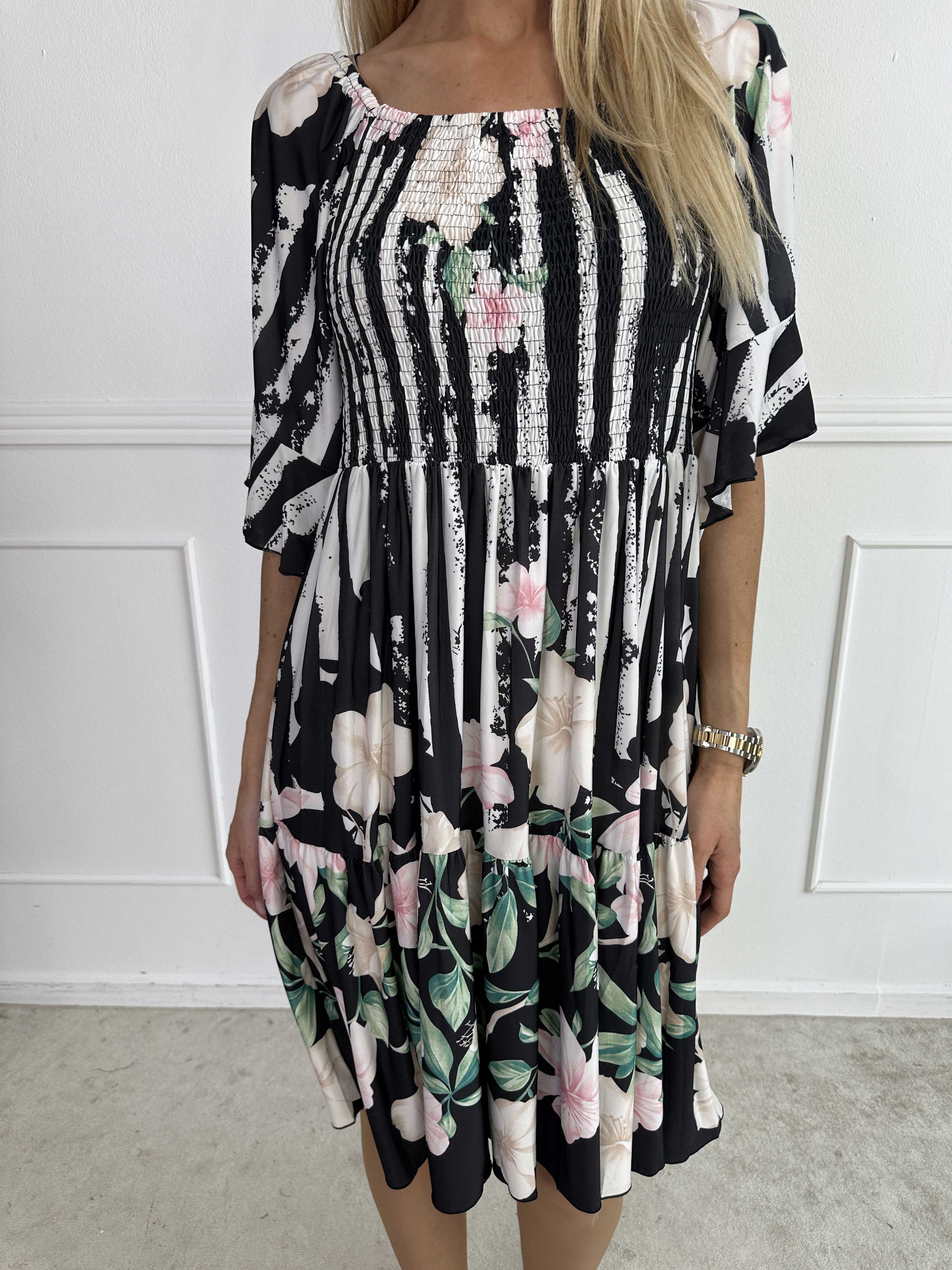 Elna Floral Stripe Short - Floral Elastic Dress with Smocking Over the Bust