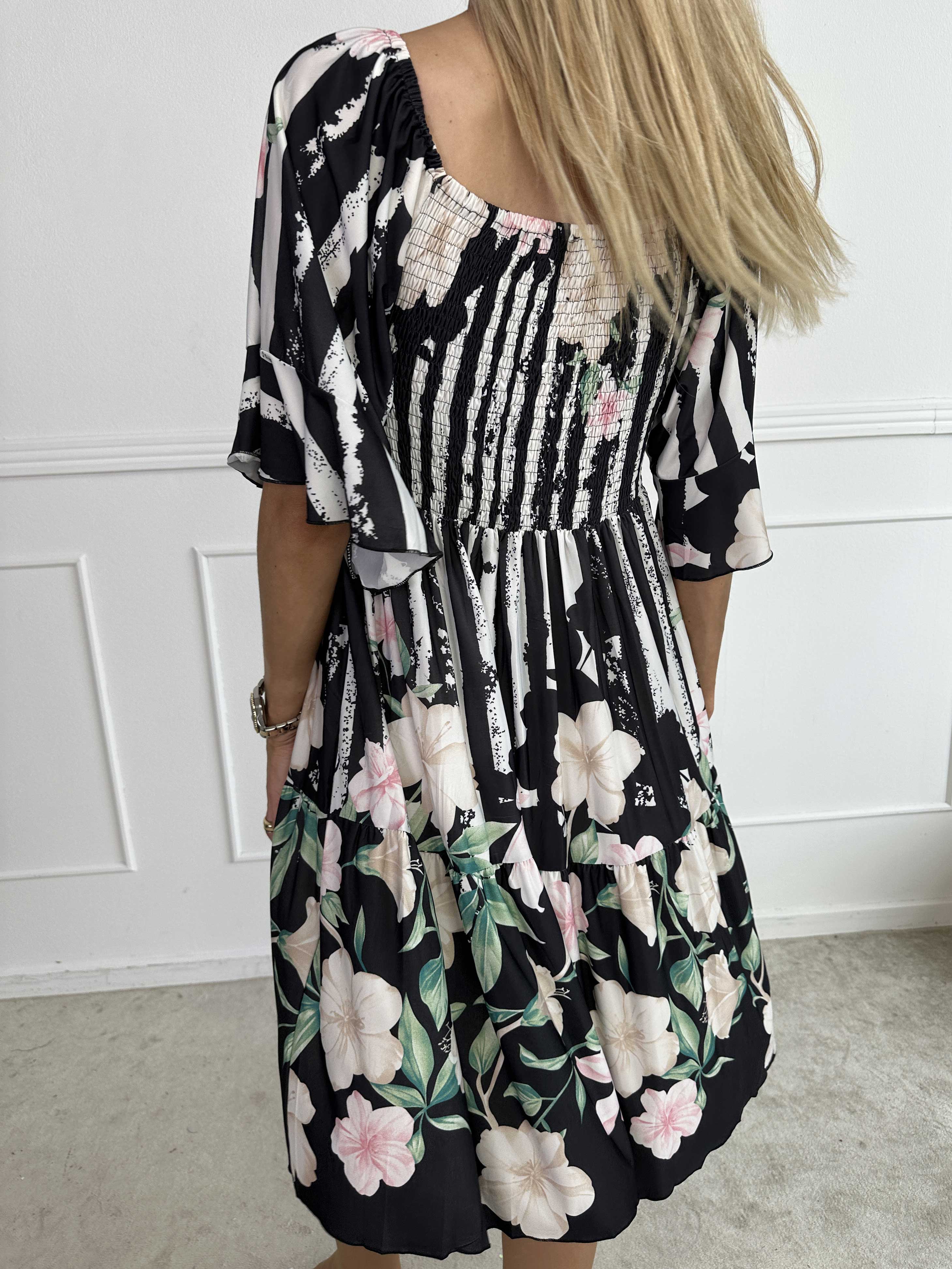 Elna Floral Stripe Short - Floral Elastic Dress with Smocking Over the Bust