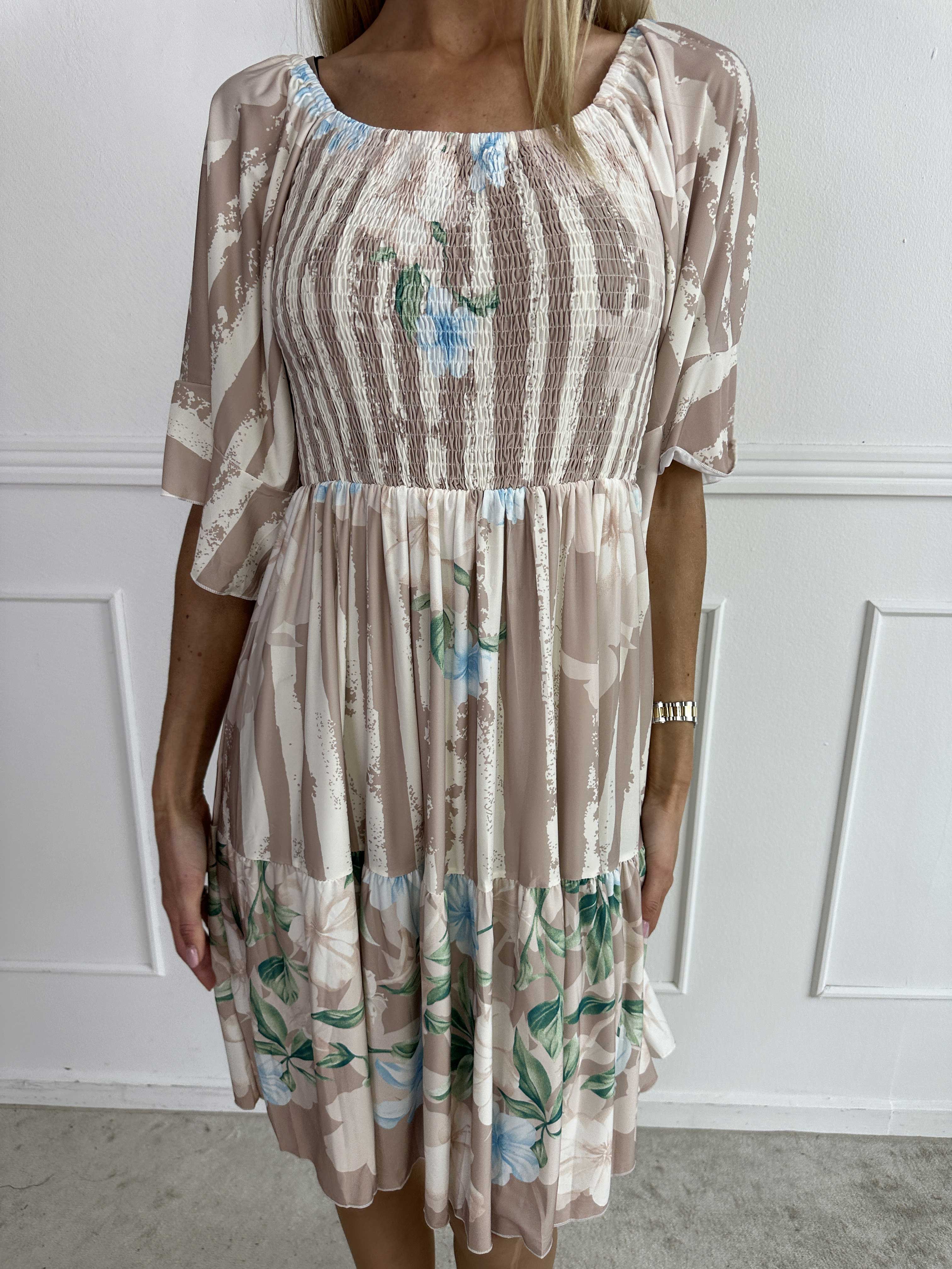 Elna Floral Stripe Short - Floral Elastic Dress with Smocking Over the Bust