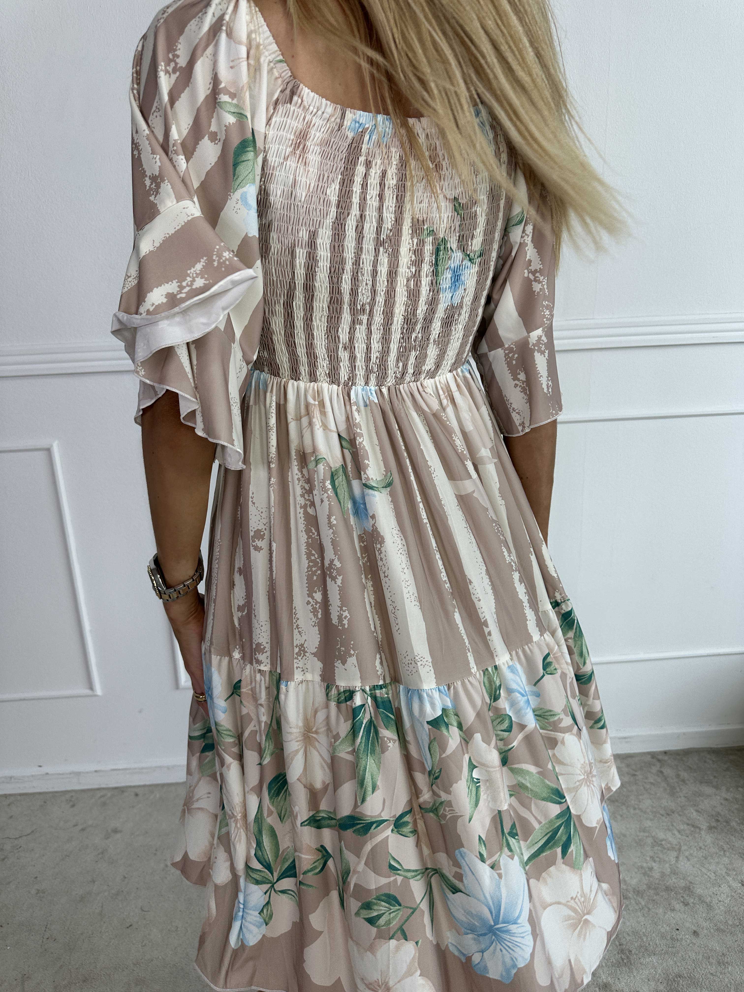 Elna Floral Stripe Short - Floral Elastic Dress with Smocking Over the Bust