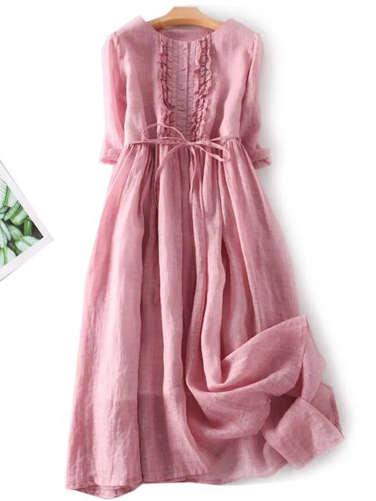 Tina | Women's Retro Style Dress with Round Neck and Waist Ties