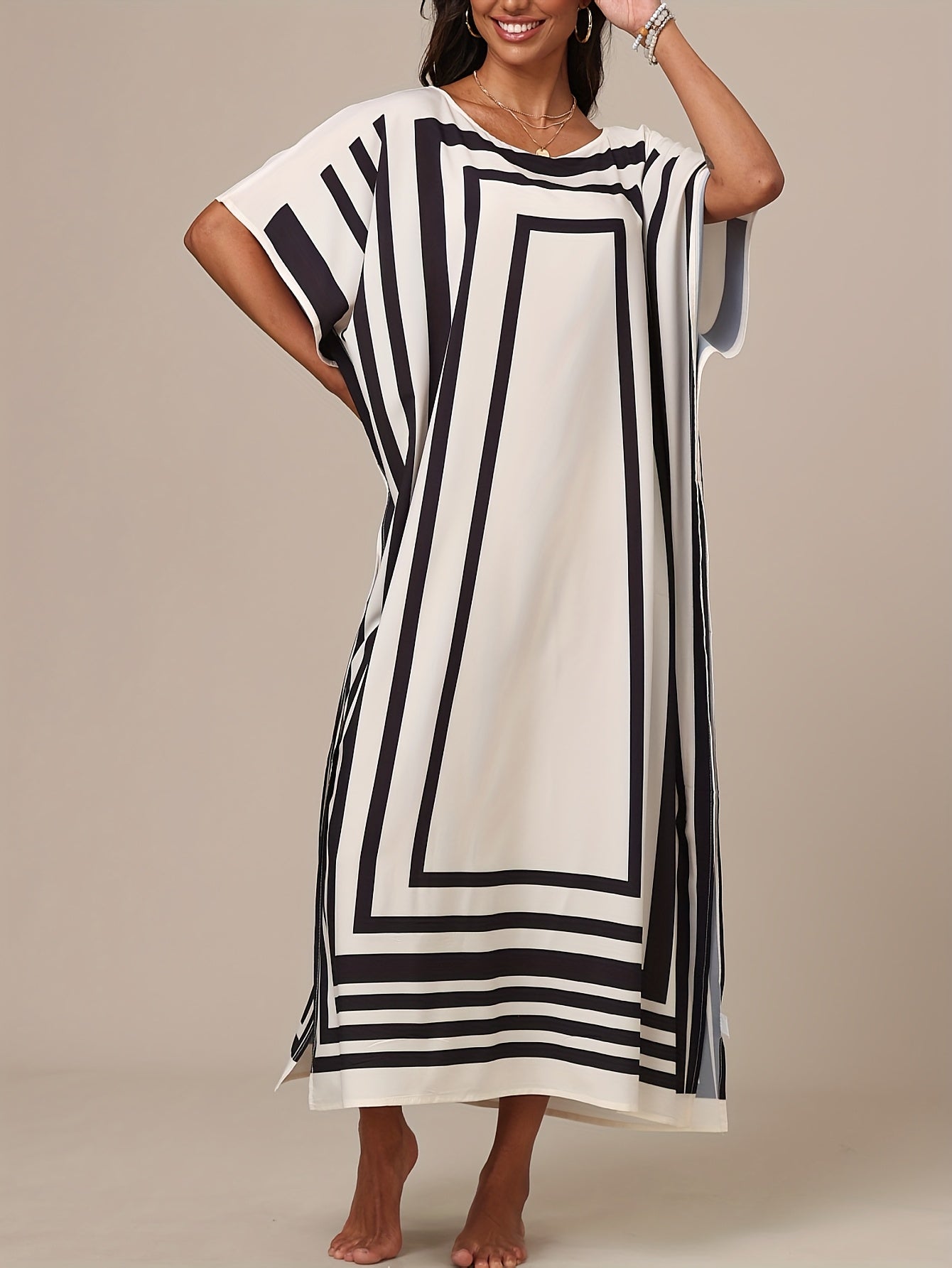 Ingrid | Elegant Geometric Print Maxi Kaftan Dress