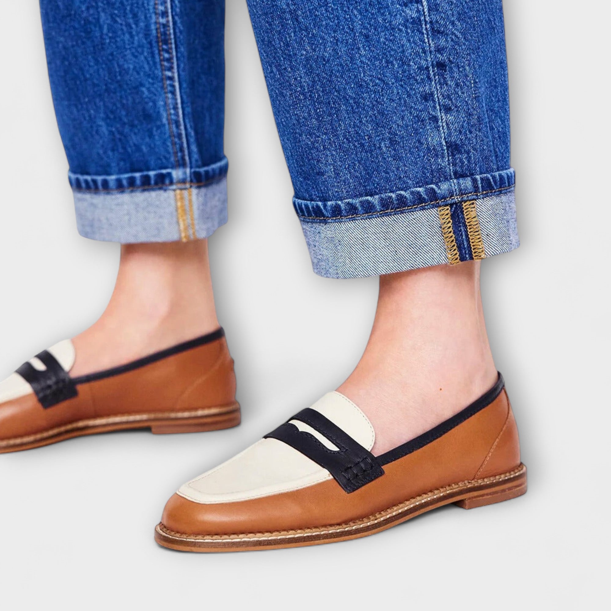 Oceane – Brown Moccasin with Round Toe and Color Block Design