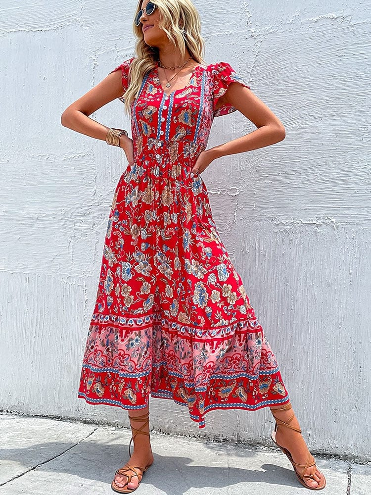 Lucy | Red Bohemian Maxi Dress in Vintage Style