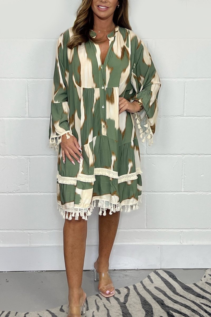Janine | Printed Tassel Midi Dress – Effortless, Flowy & Chic