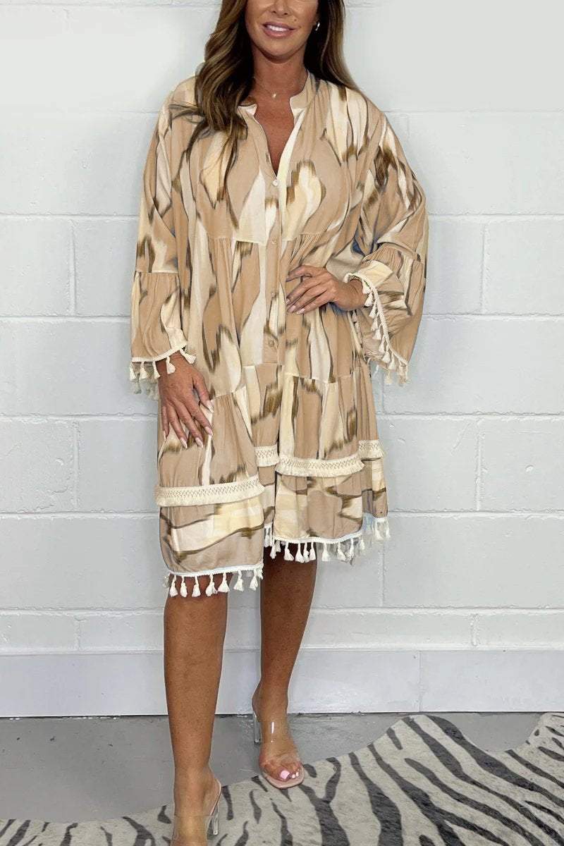 Janine | Printed Tassel Midi Dress – Effortless, Flowy & Chic