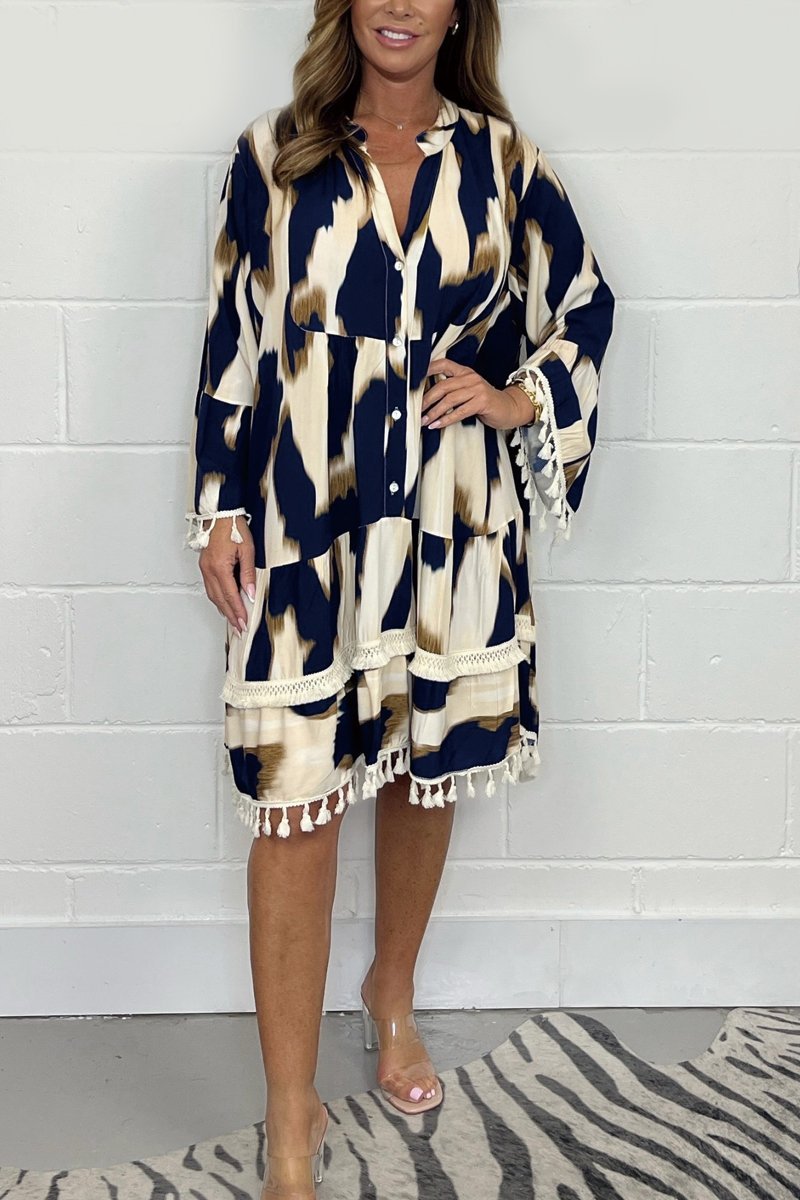 Janine | Printed Tassel Midi Dress – Effortless, Flowy & Chic