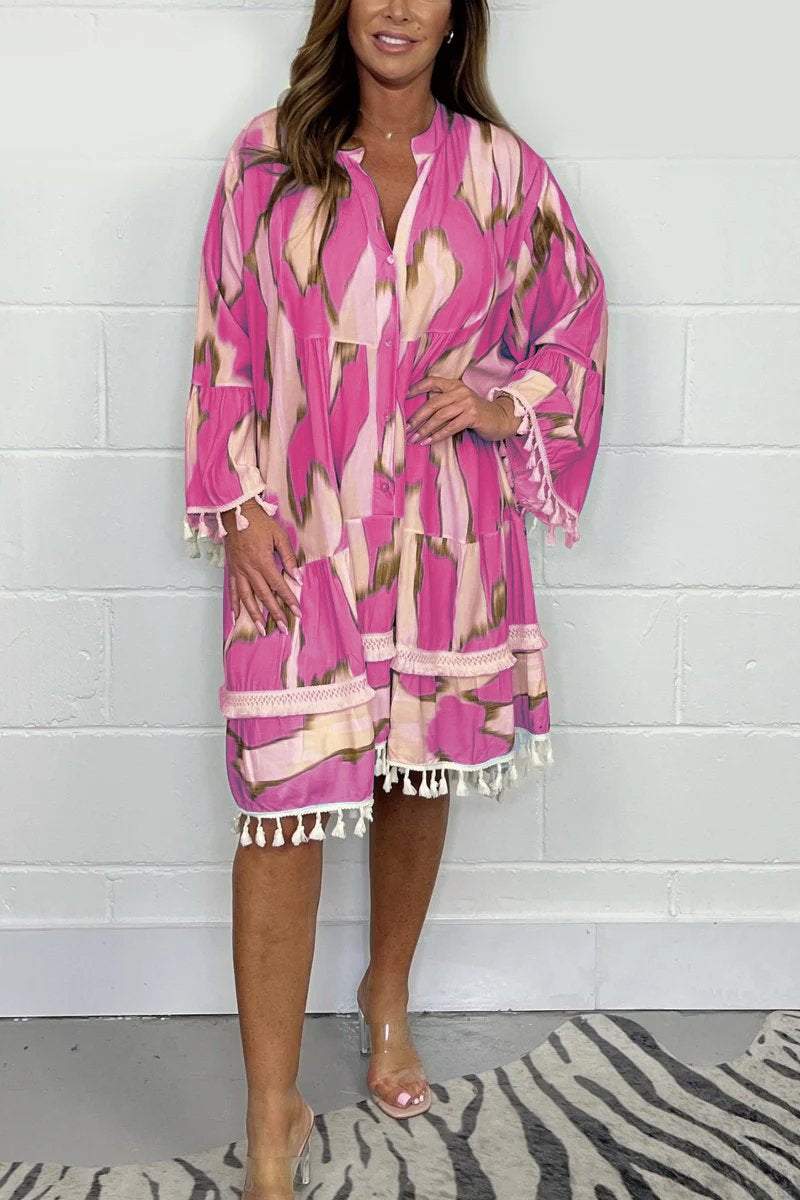 Janine | Printed Tassel Midi Dress – Effortless, Flowy & Chic