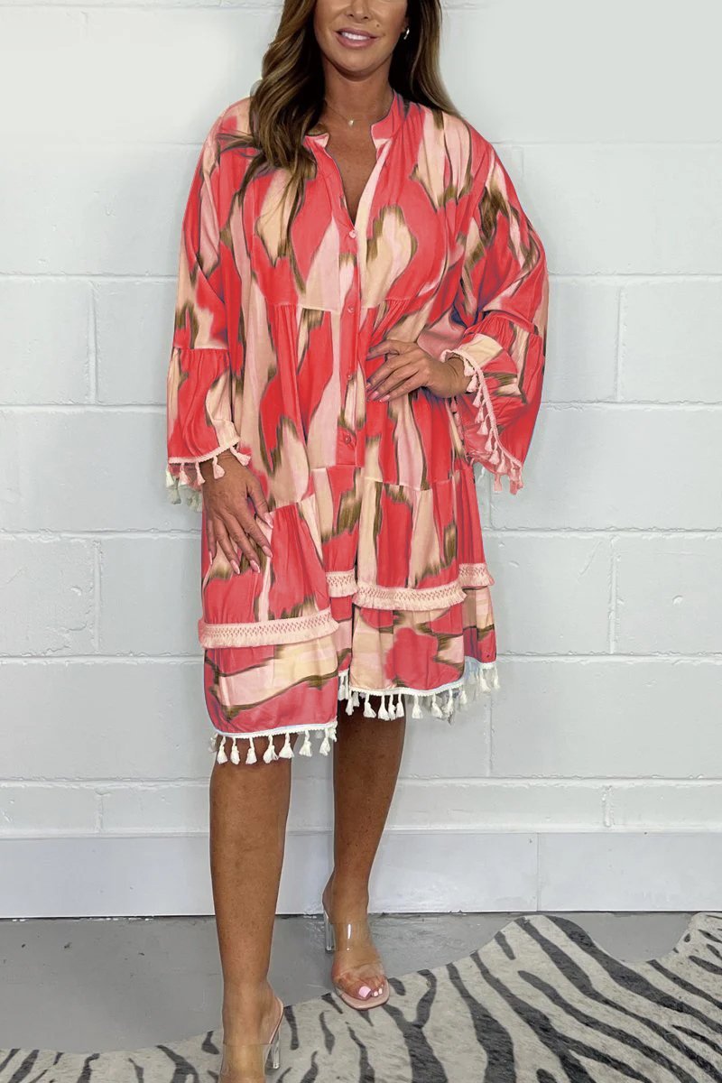 Janine | Printed Tassel Midi Dress – Effortless, Flowy & Chic