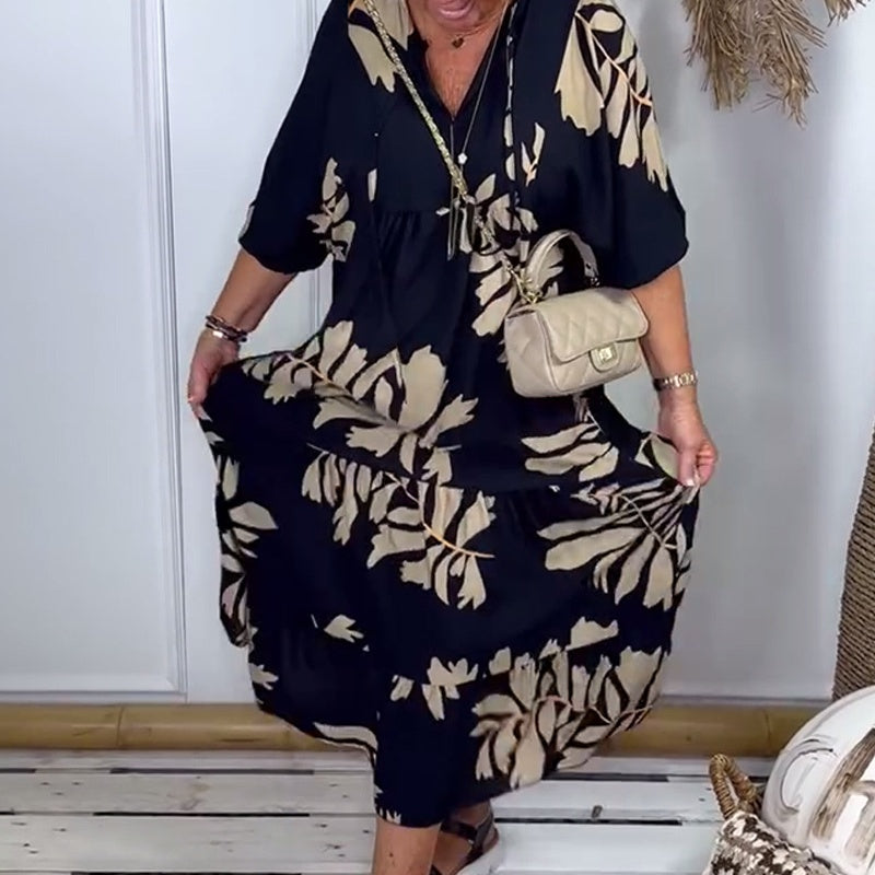 Pamela | Relaxed Leaf-Print Midi Dress – Effortless & Stylish
