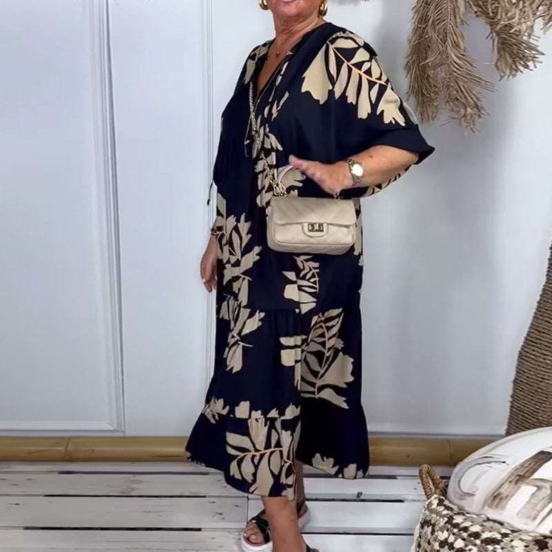 Pamela | Relaxed Leaf-Print Midi Dress – Effortless & Stylish