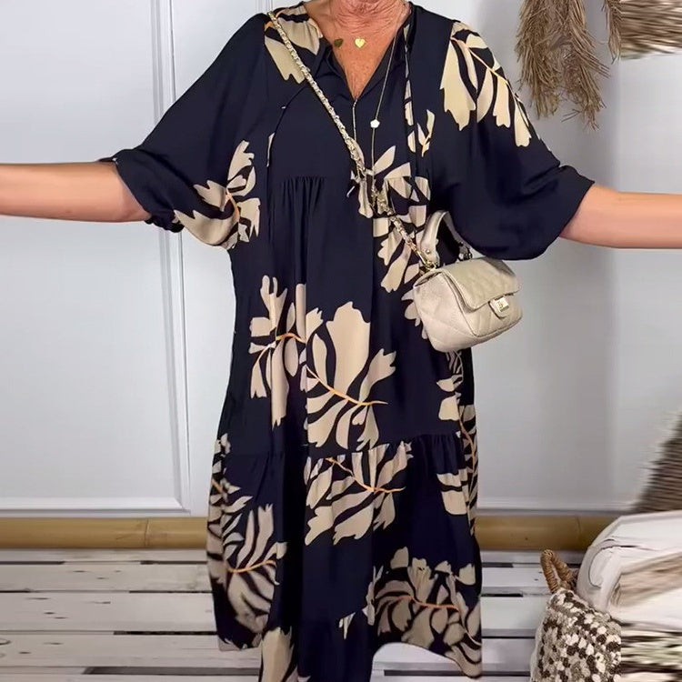 Pamela | Relaxed Leaf-Print Midi Dress – Effortless & Stylish